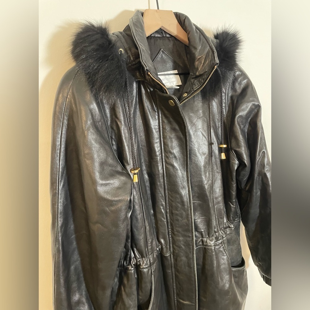 Worthington Lambskin Soft Leather Fox Fur Jacket Sz M Black Detachable Hood VTG - Picture 3 of 14